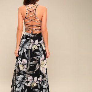 Love Abloom Black Floral Print Lace-Up Maxi Dress